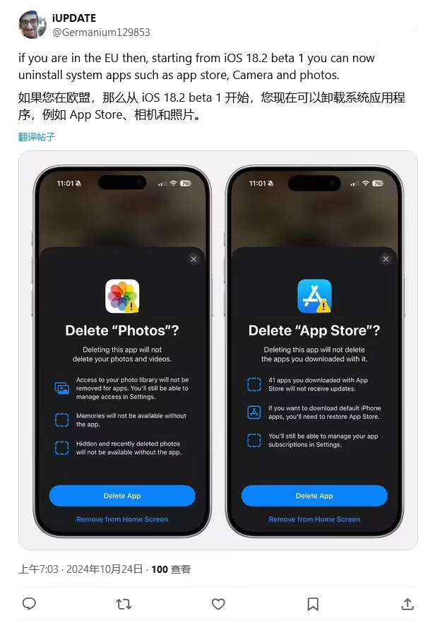 克东苹果手机维修分享iOS 18.2 支持删除 App Store 应用商店 